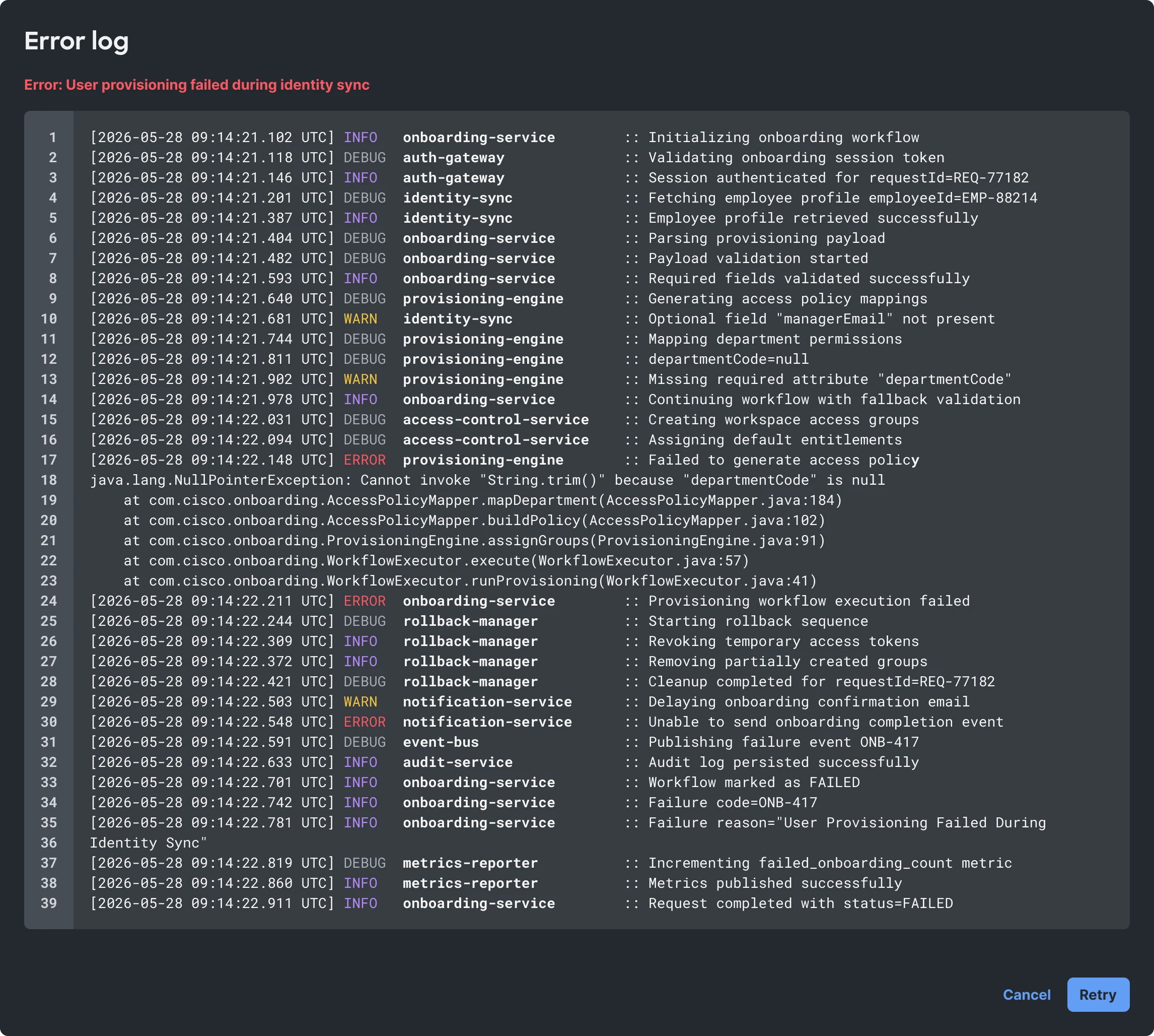 Provisioning recovery flow with retry actions and dependency-level diagnostics