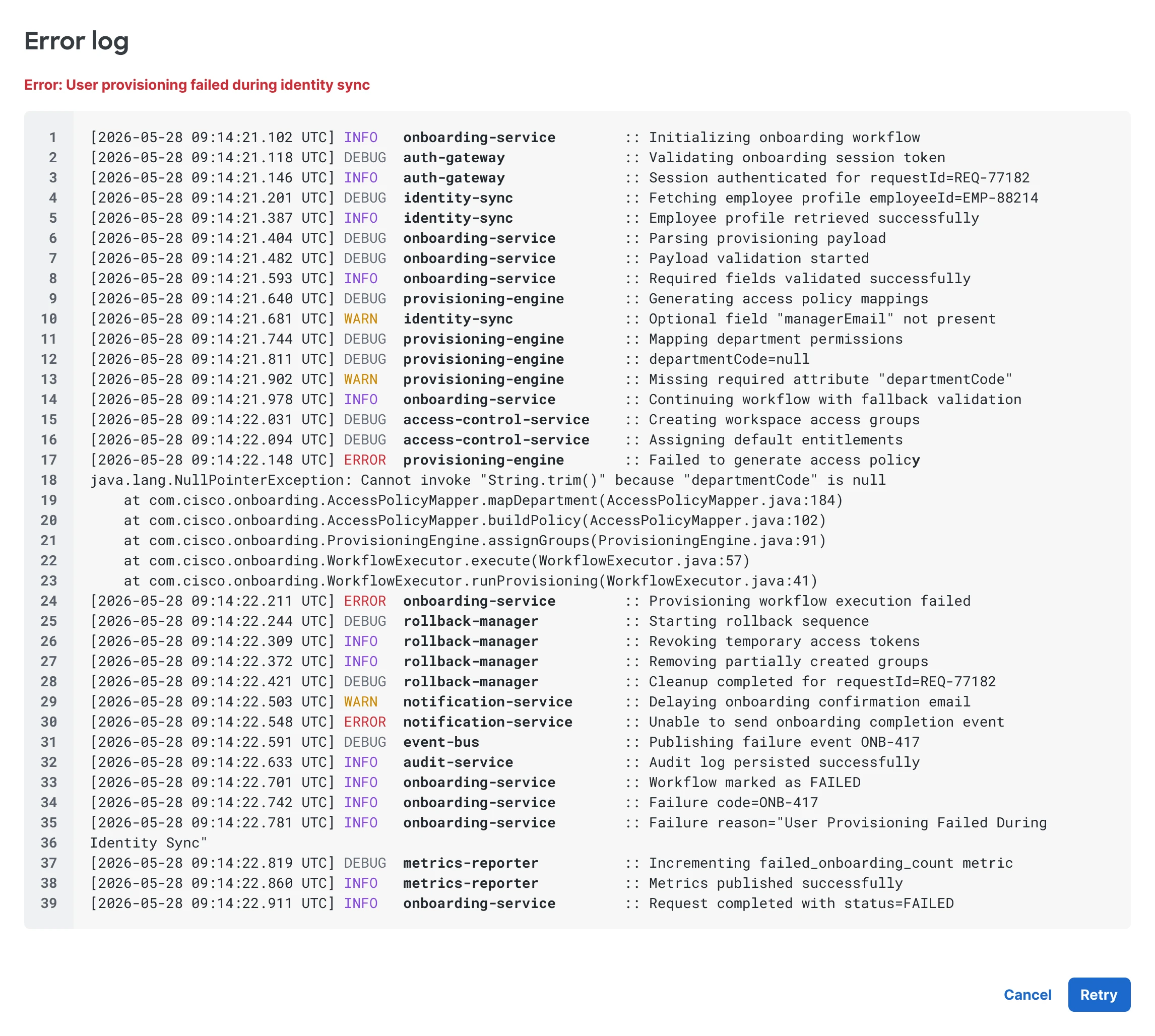 Provisioning recovery flow with retry actions and dependency-level diagnostics