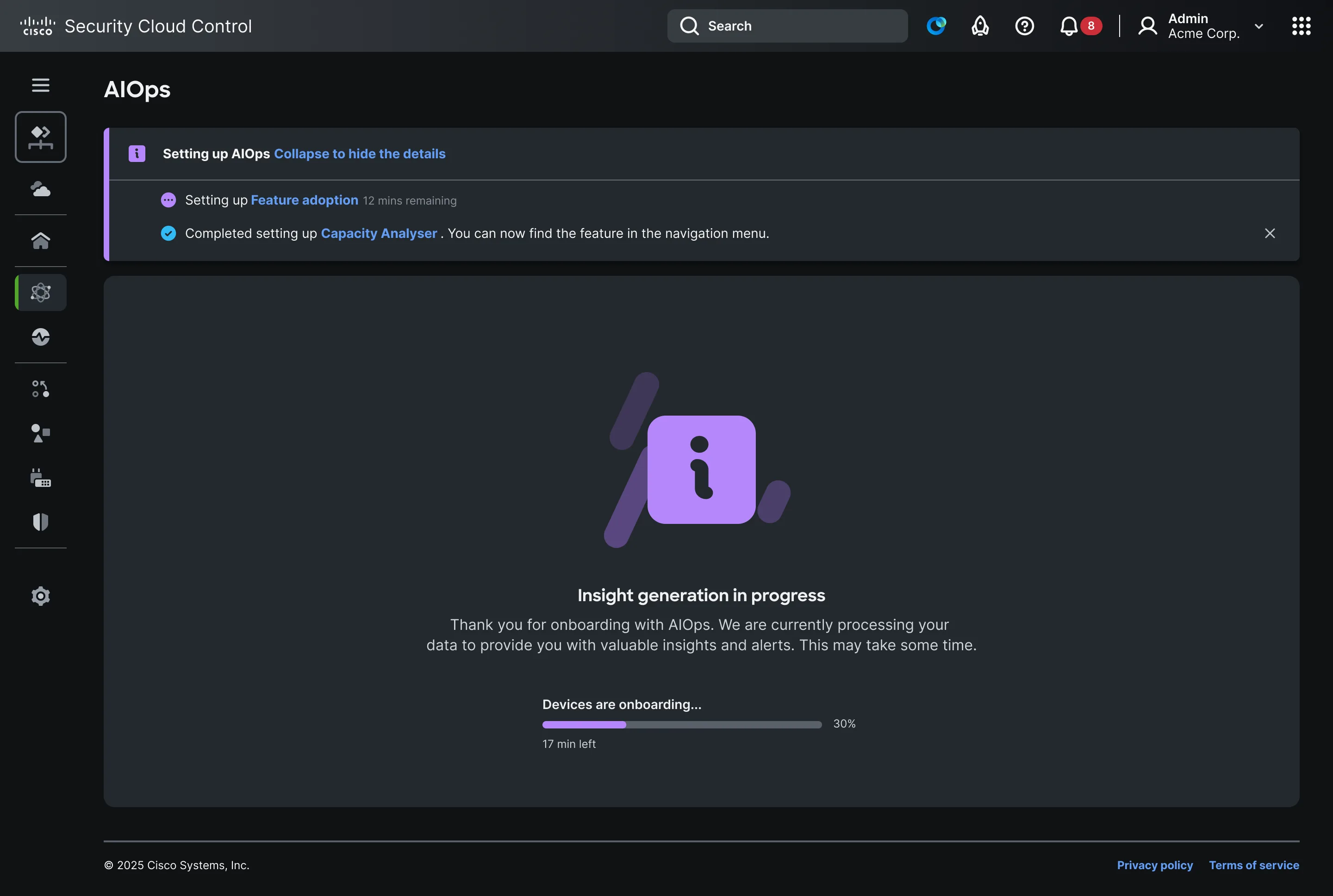 Progressive onboarding showing operational insights appearing while secondary services continue provisioning