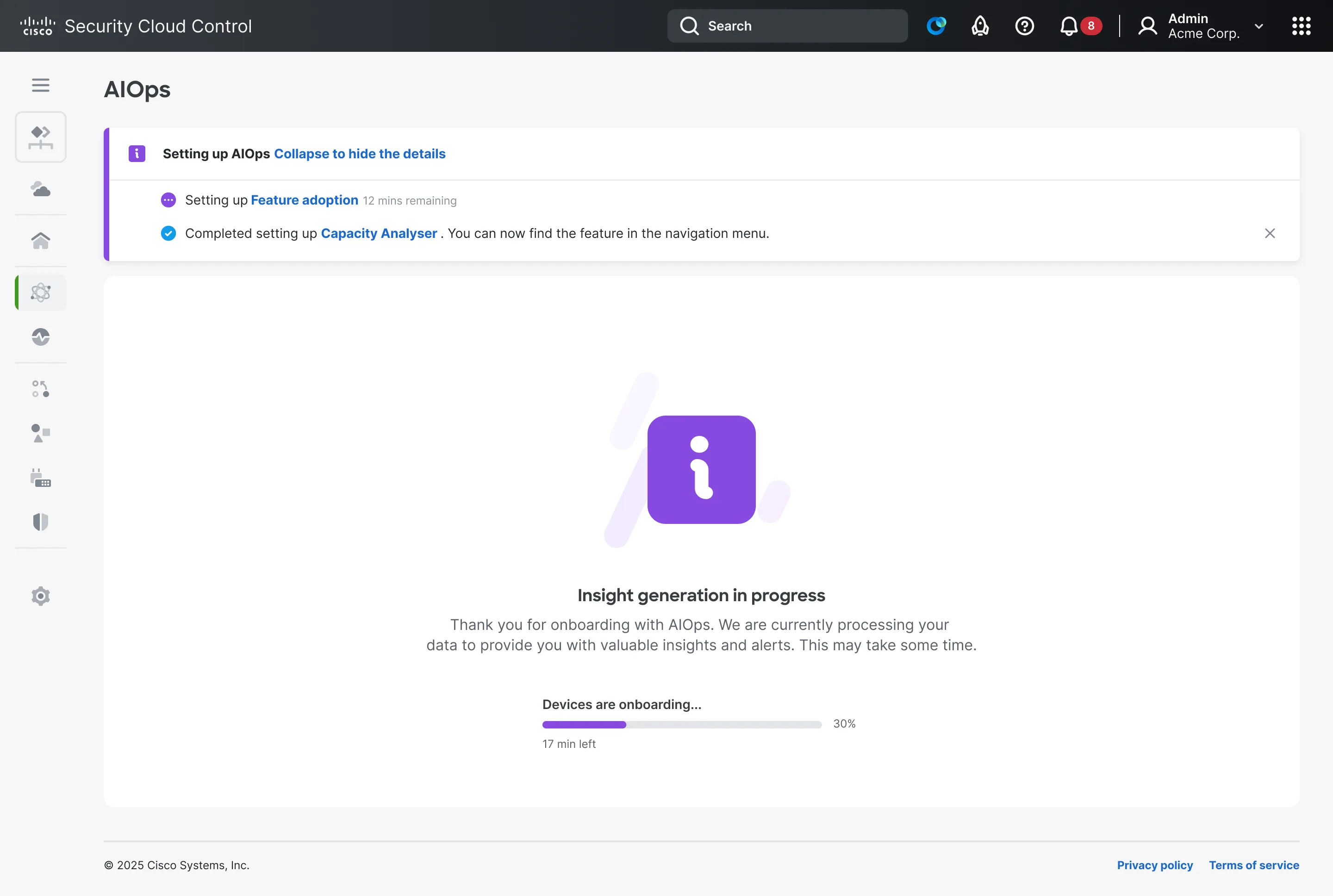 Progressive onboarding showing operational insights appearing while secondary services continue provisioning