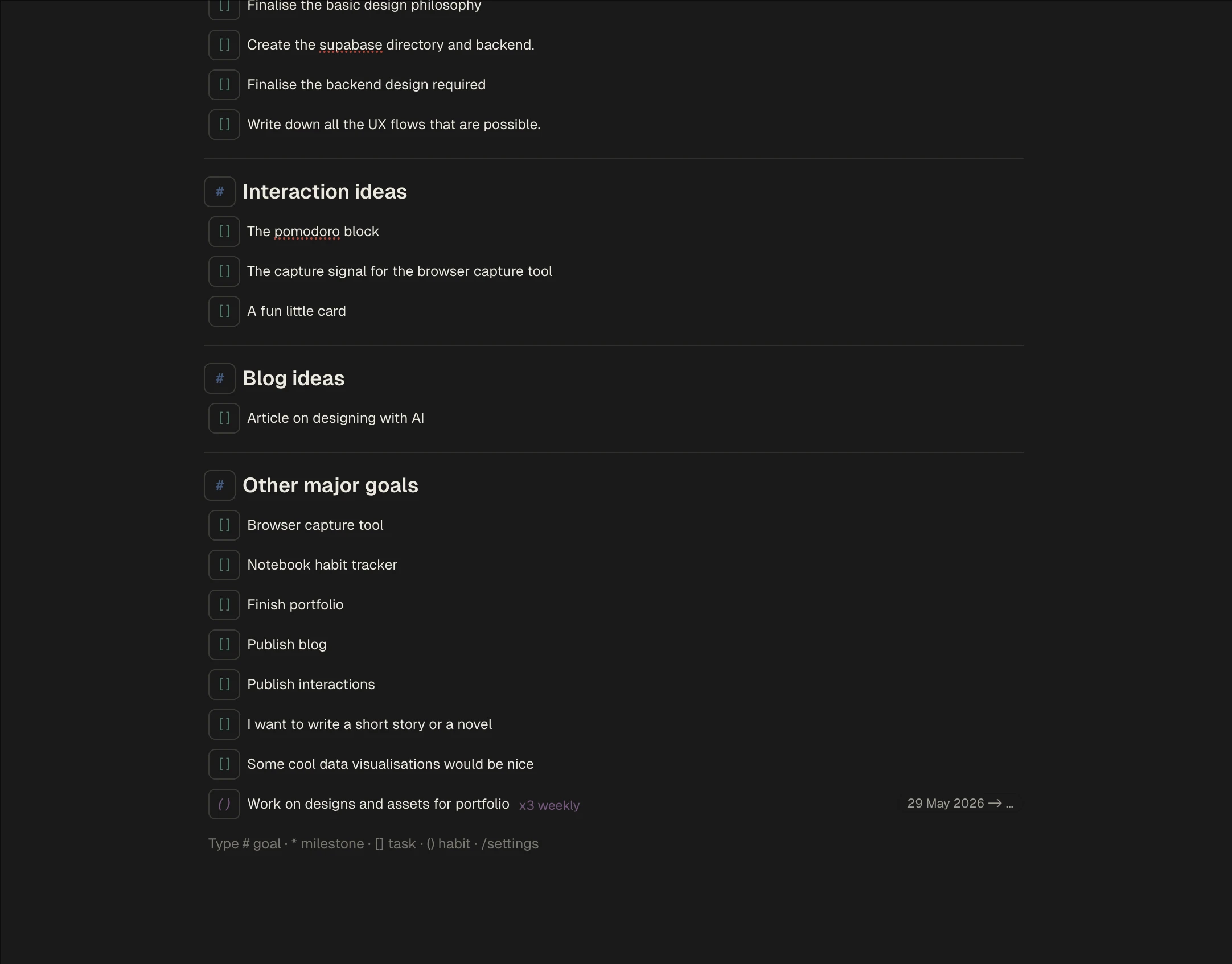 Goals and project sections with inline syntax hints